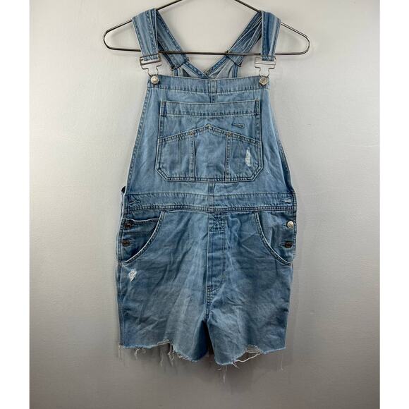 GAP Blue Wash 100% Cotton Raw Hem Distressed Denim Jean Bib Shortalls Size S - Picture 1 of 6